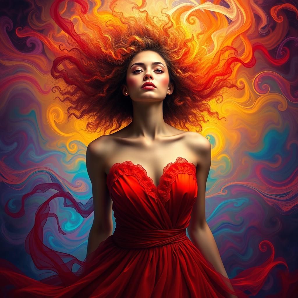 Radiant Woman in Red Dress, Surreal Digital Art
