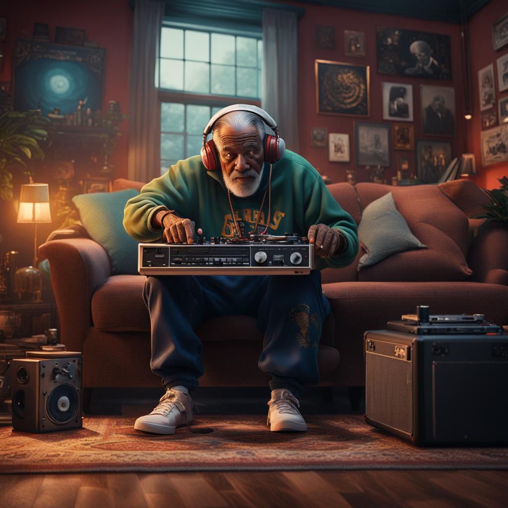 Elderly Man Listens to Hiphop Record