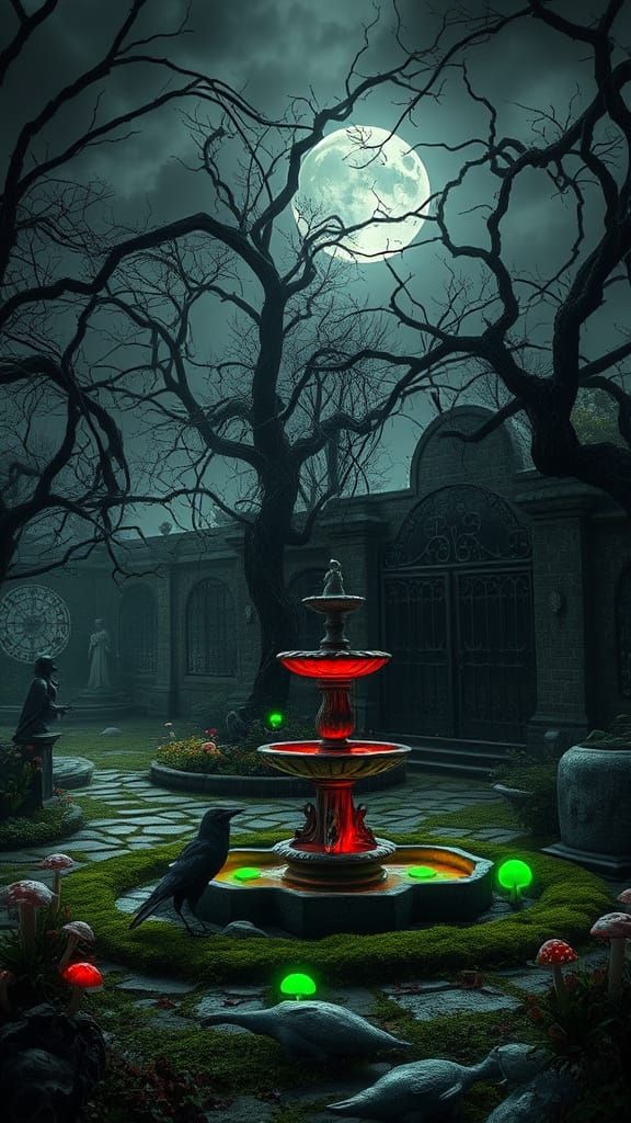 Eerie Abandoned Garden at Midnight in Hyper-Detailed Style