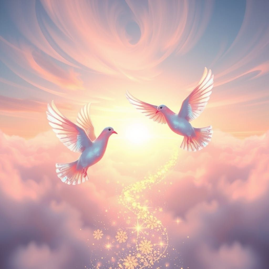 Surreal Doves Emerge from Ethereal Mist into Golden Stardust