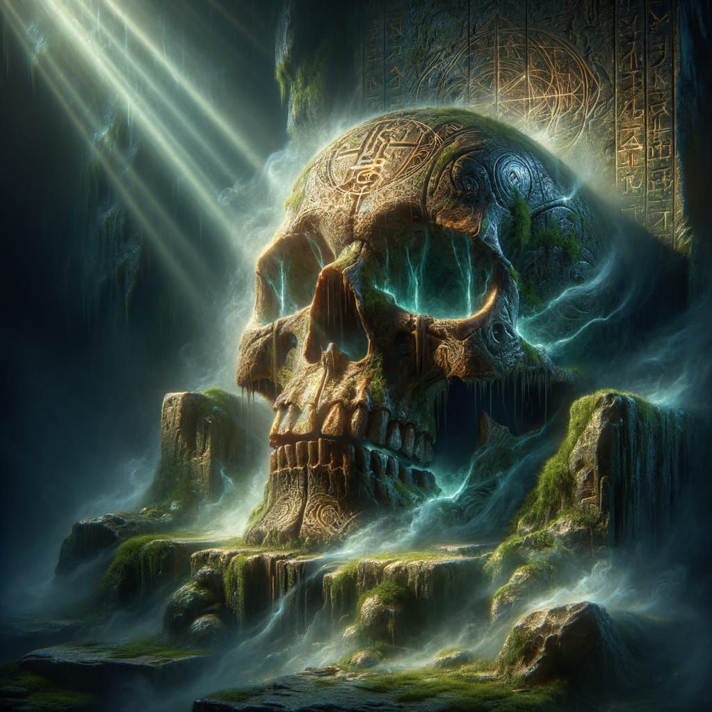 Glowing Rune Skull in Ancient Tomb, Dark Fantasy Oil Paintin...