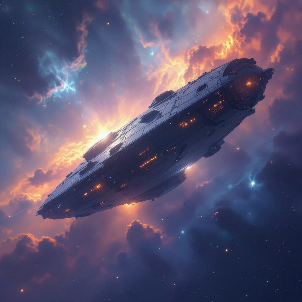Colossal Spaceship Drifting Through Cosmic Nebula