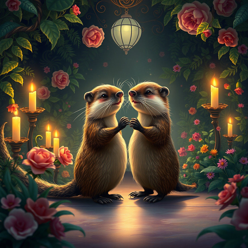 Romantic Muskrat Couple Dancing in Dreamlike Ballroom