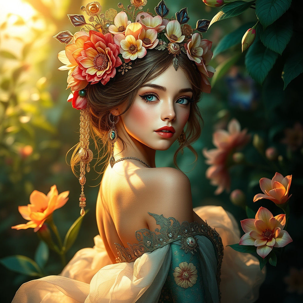 Enchanting Flower Girl in Mystical Garden