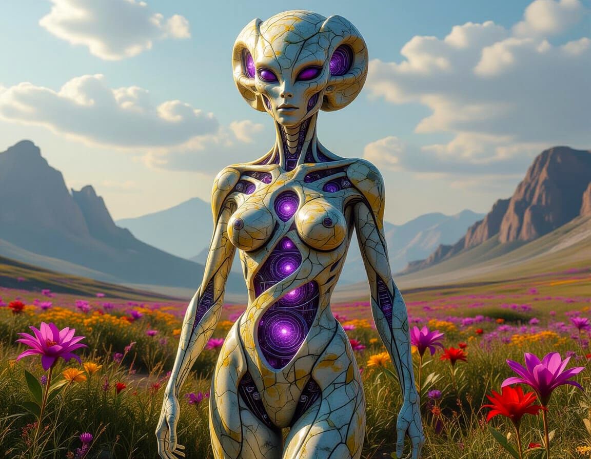 Marble Pleiadian Alien Sculpture with Quantum Network