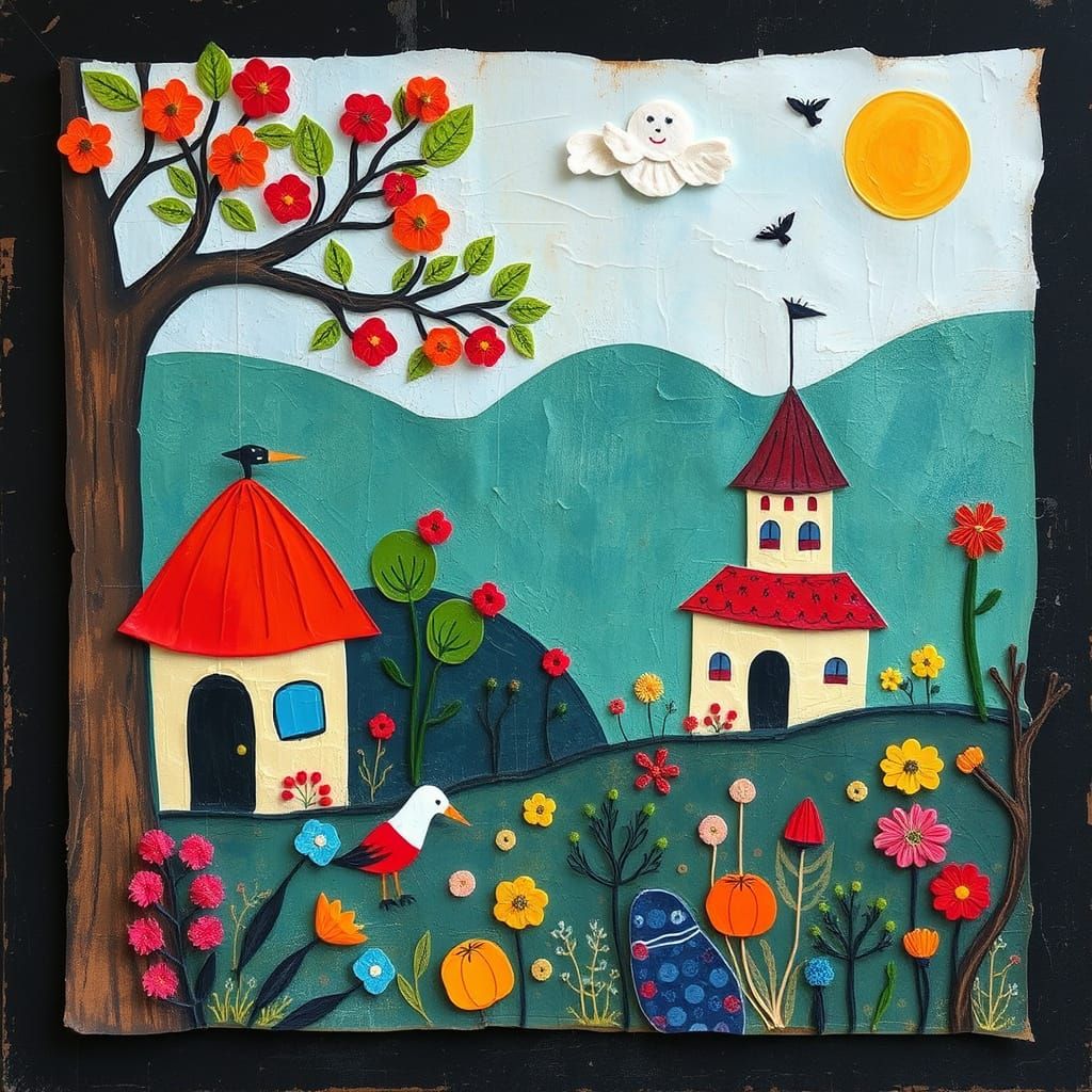 Whimsical Folk Art Scene in Mixed Media Textures