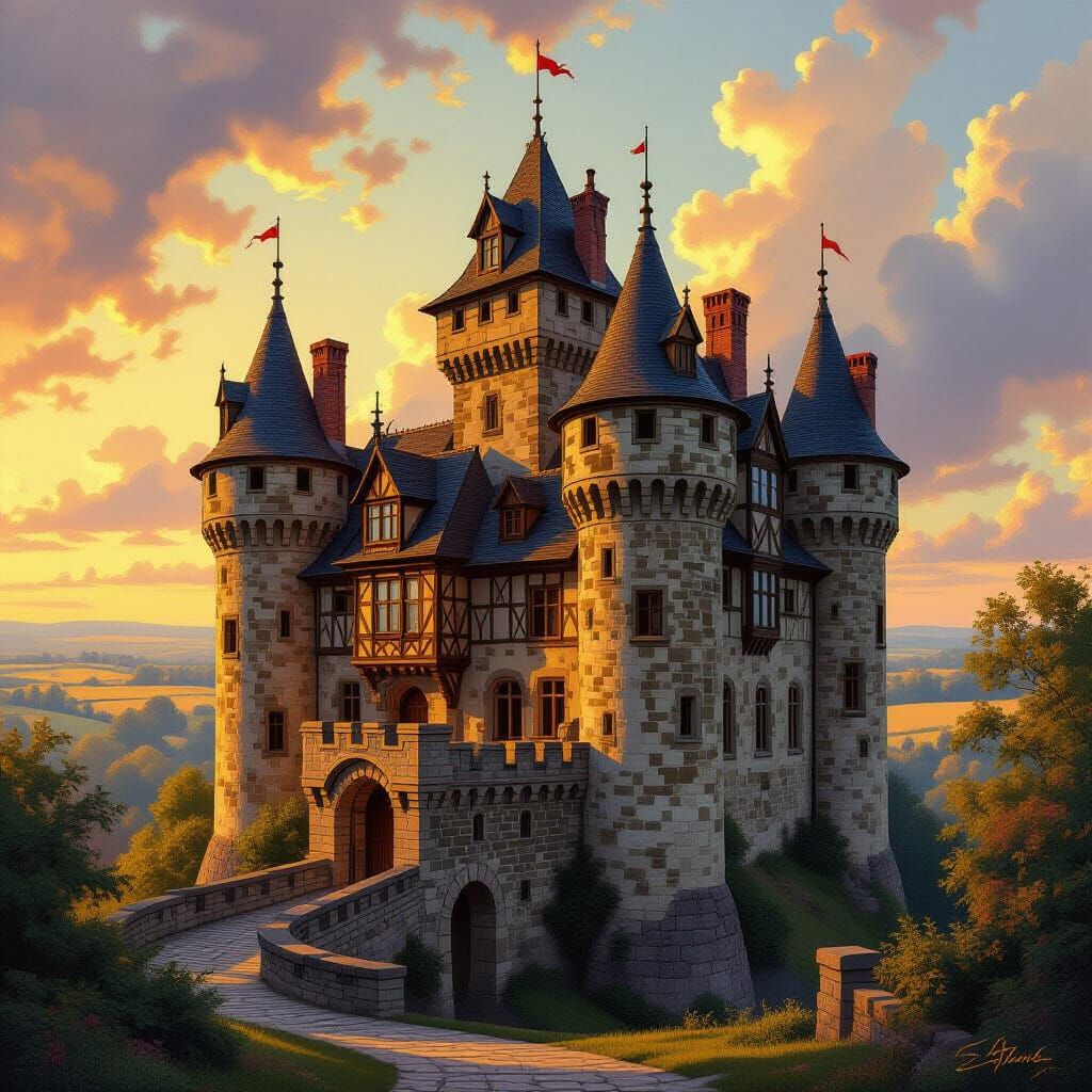 Tiffauges Medieval Castle in Oil Painting Style