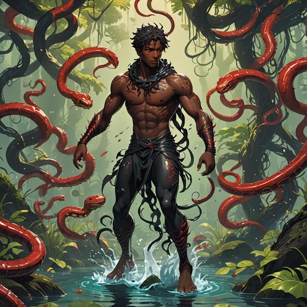 Scaled Man in Red Swamp: Anime Style 2D Art