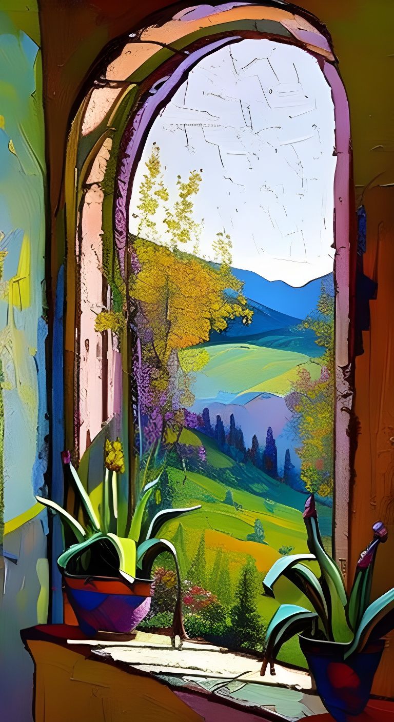 Fantasy Landscape with Unicorns Through Arched Window