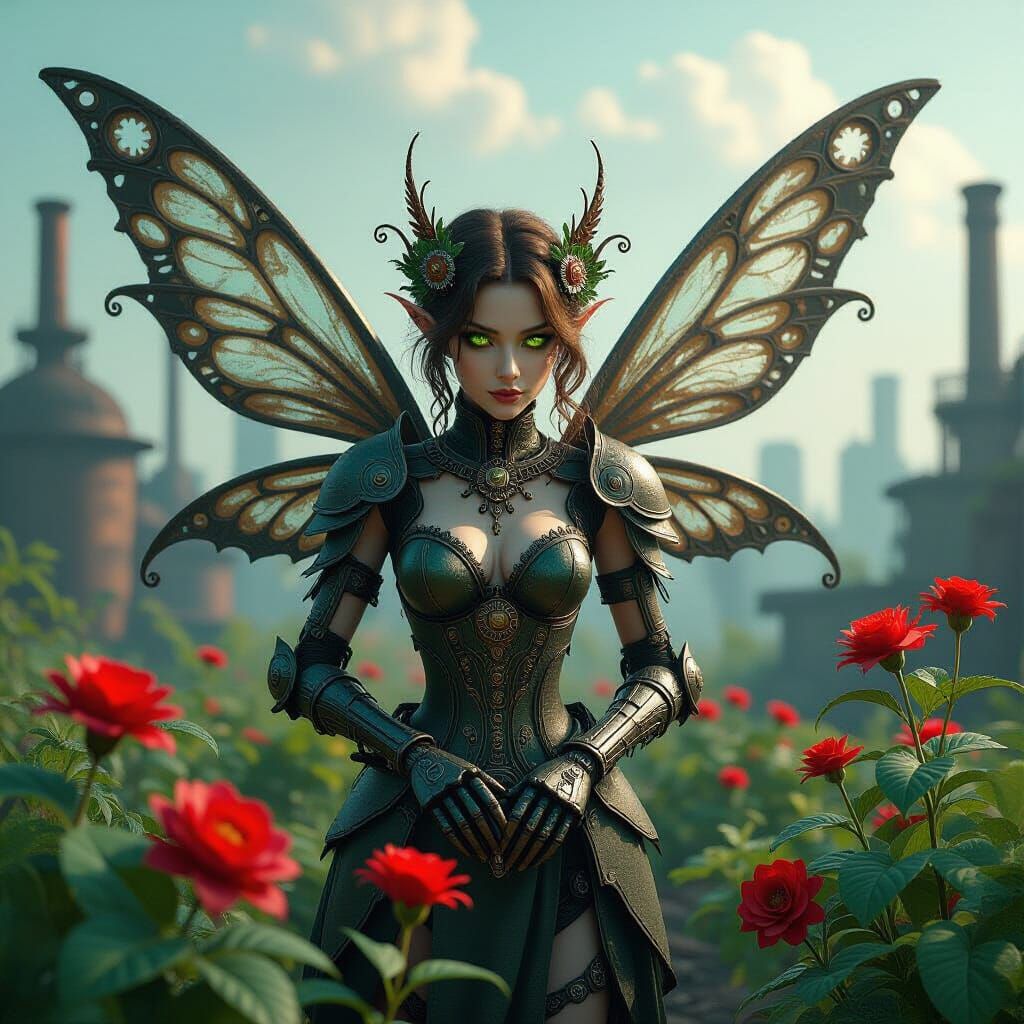 Clockwork Fairy Tending Metal Garden in Steampunk Wasteland