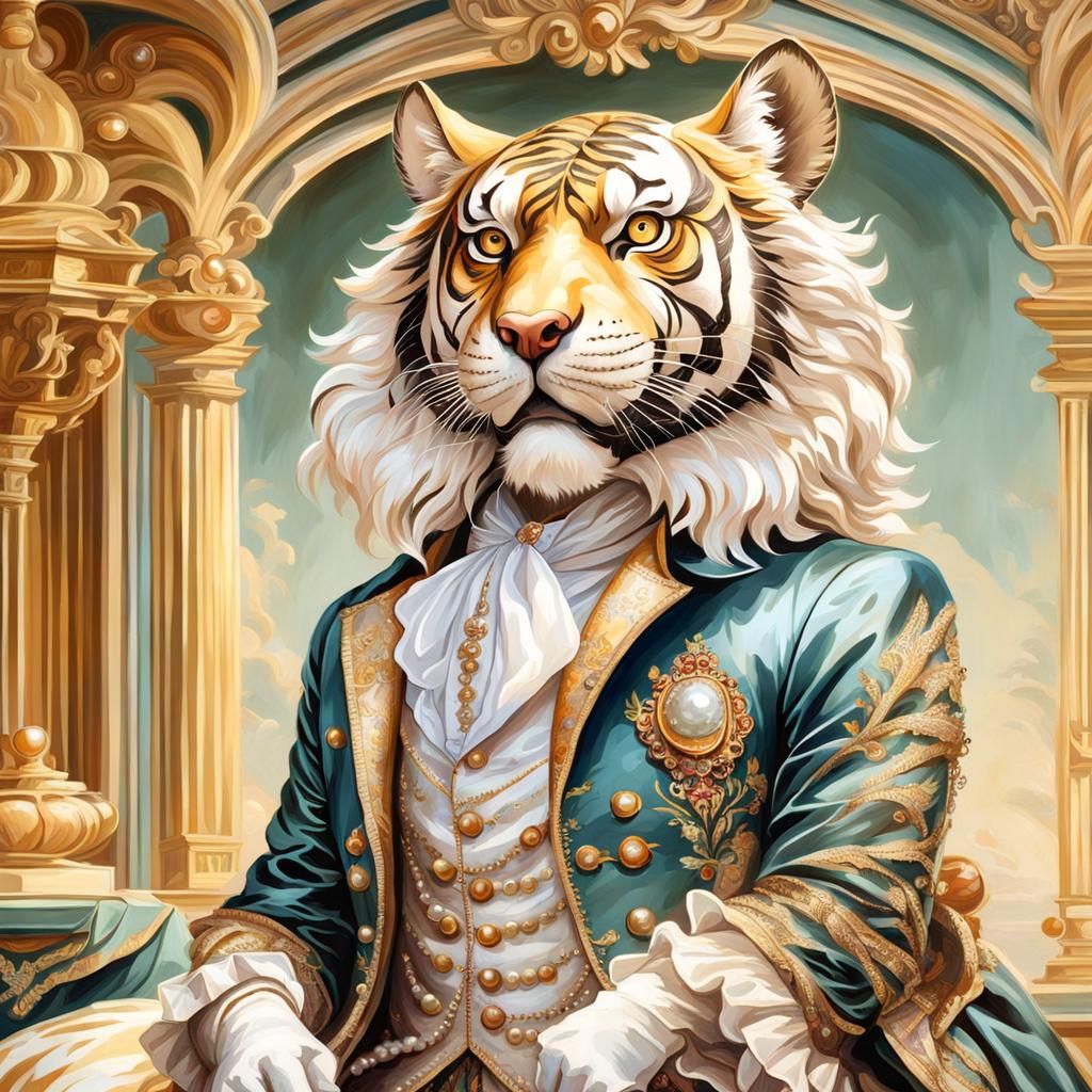 Anthropomorphic Tiger in Rococo Gown, Oil Painting