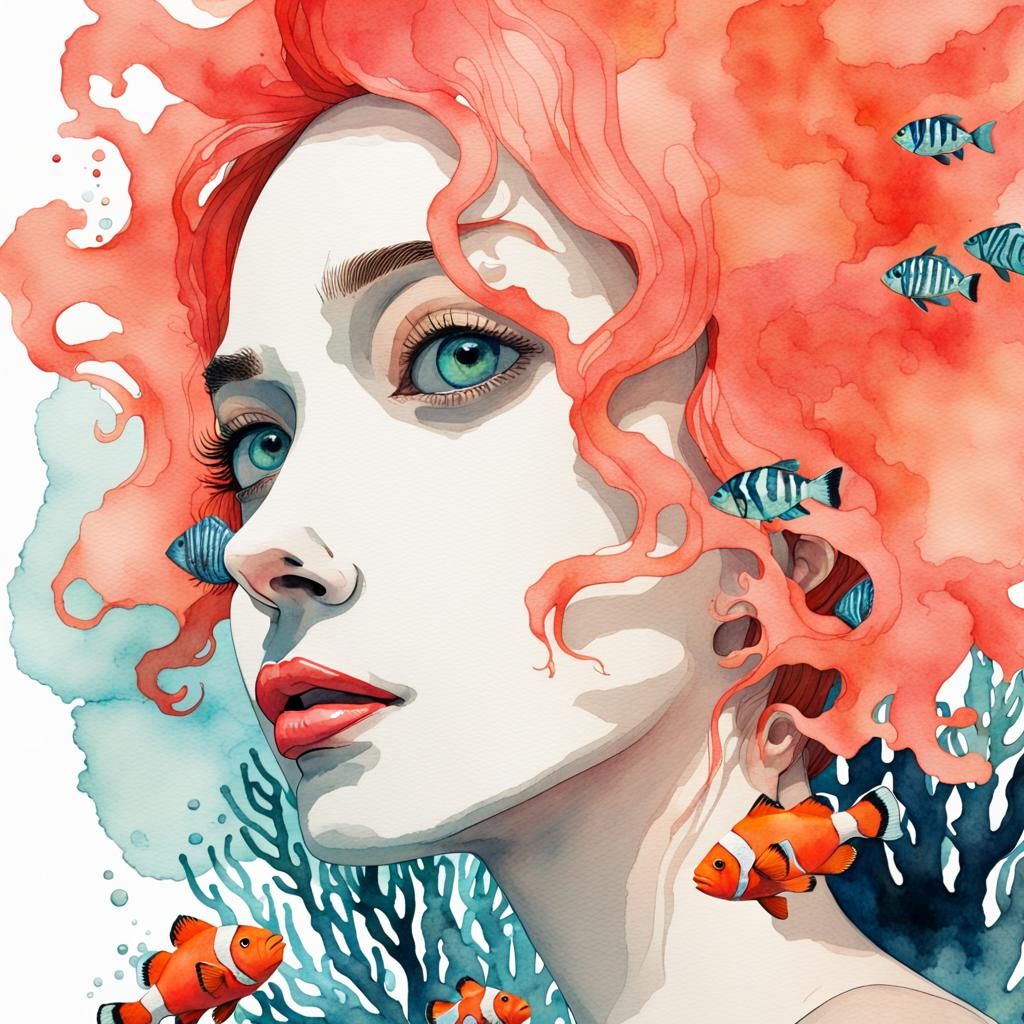 Coral Reef and Clownfish Watercolor Magazine Spread