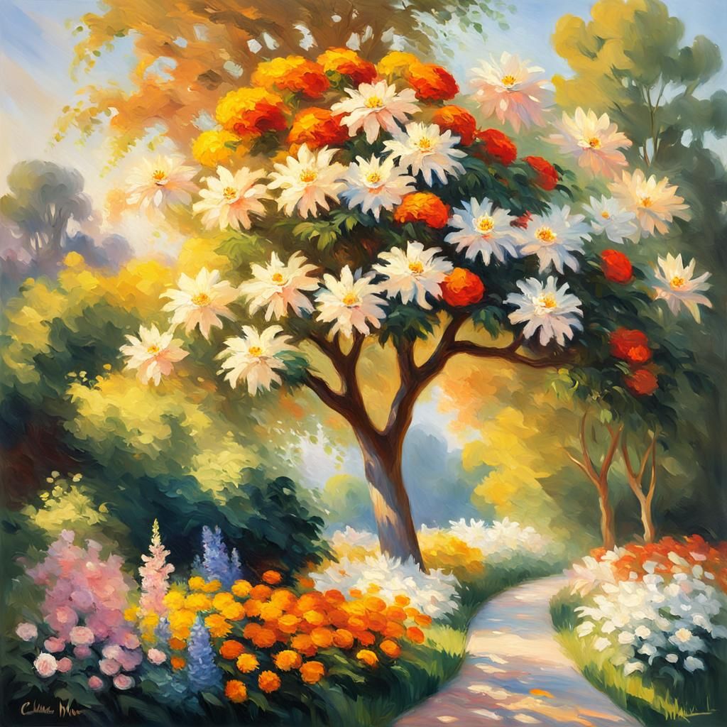 Tree with Colorful Flowers in Impressionist Oil Painting