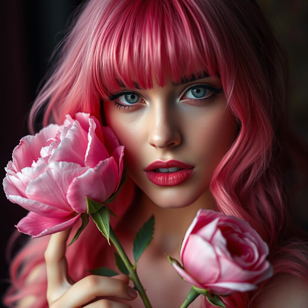 Ethereal Rose Goddess in Lavender Eyes and Pink Hair