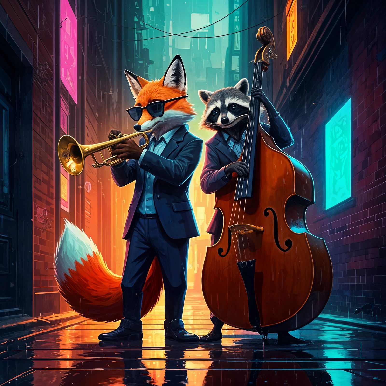Animal Jazz Band in Neon Alley, Pop Art Style