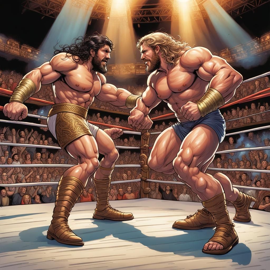 Greek Gods Wrestle in Modern Ring, Comic Book Art