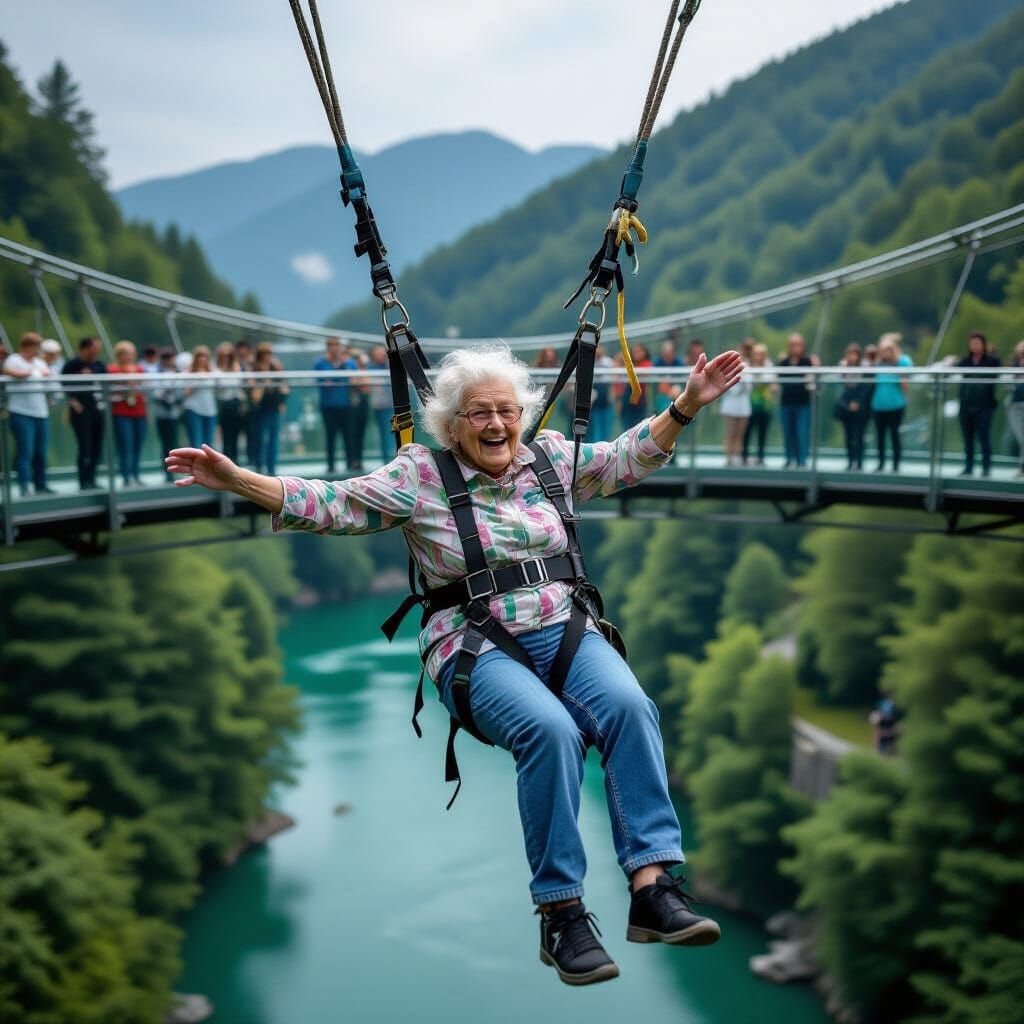 Elderly Woman's Bungee Jump Adventure