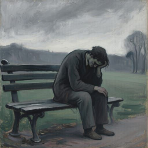 Melancholy Figure on Park Bench in Oil Painting Style