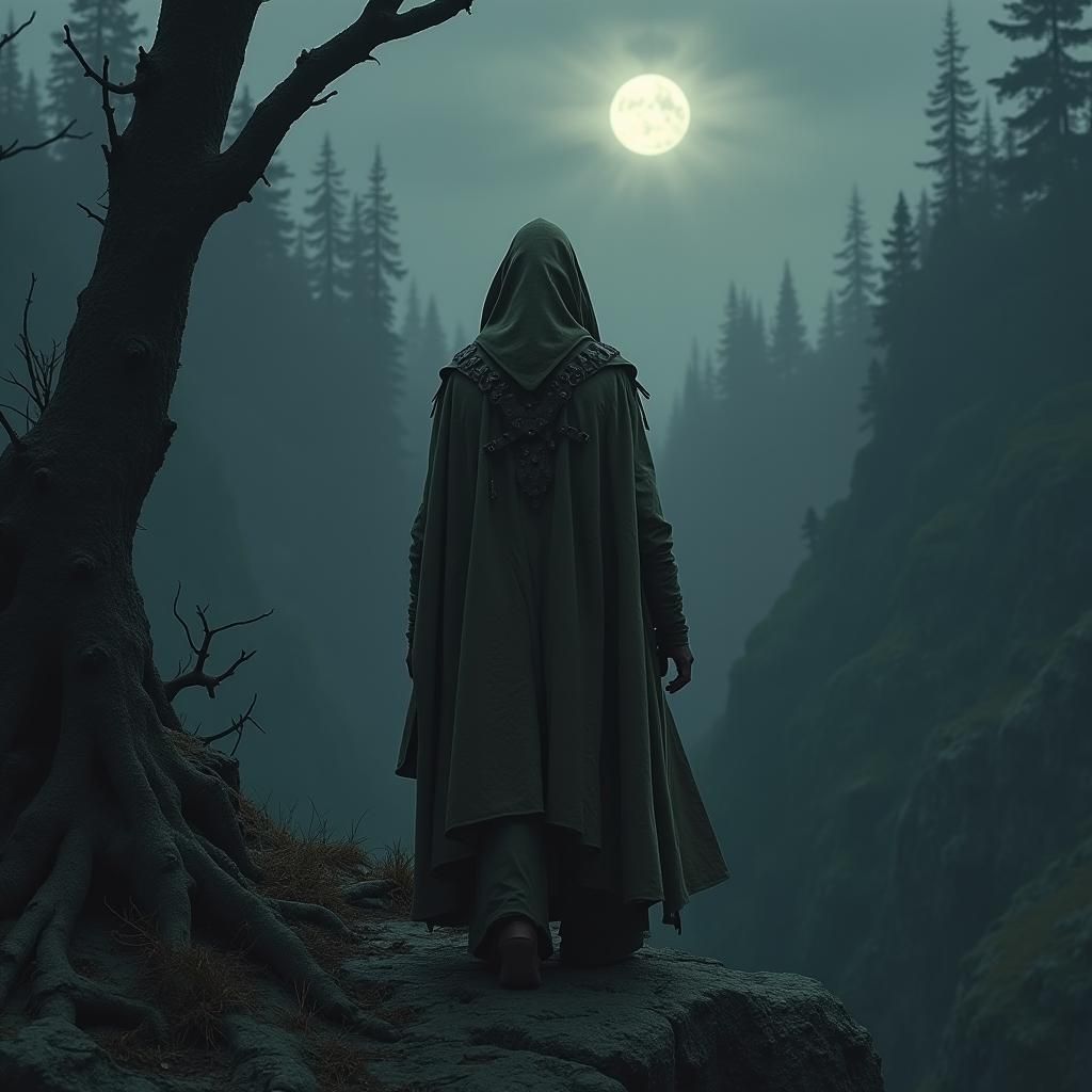 Cloaked Figure Gazing Over Dark Forest Landscape