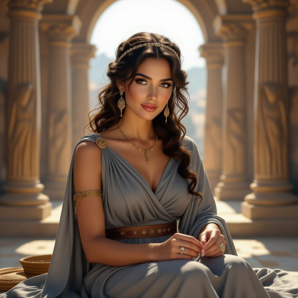 Greek Goddess Rhapso Sewing Magic Garments in Ancient Temple