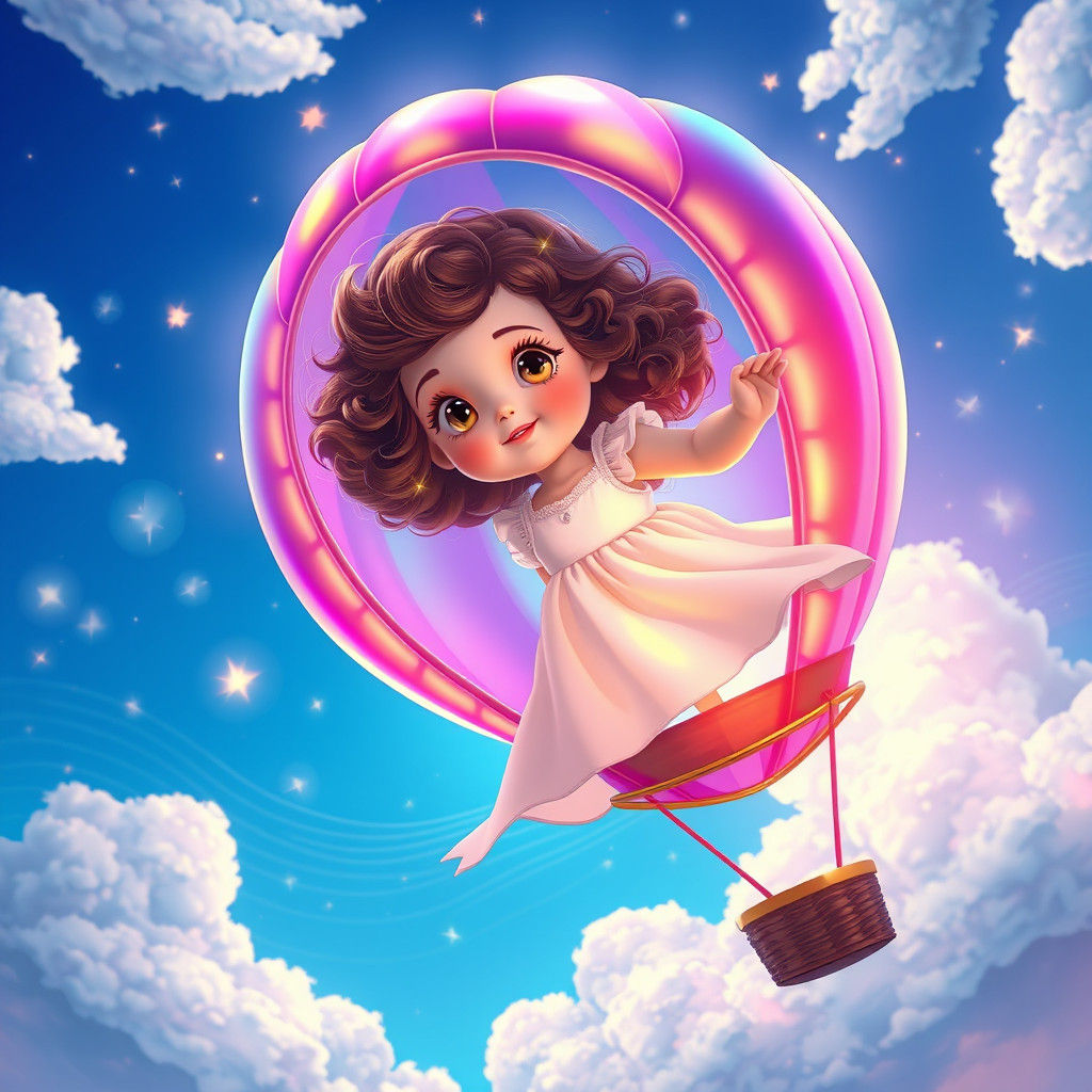 Girl in Balloon Soaring Over Neon Arcade Game