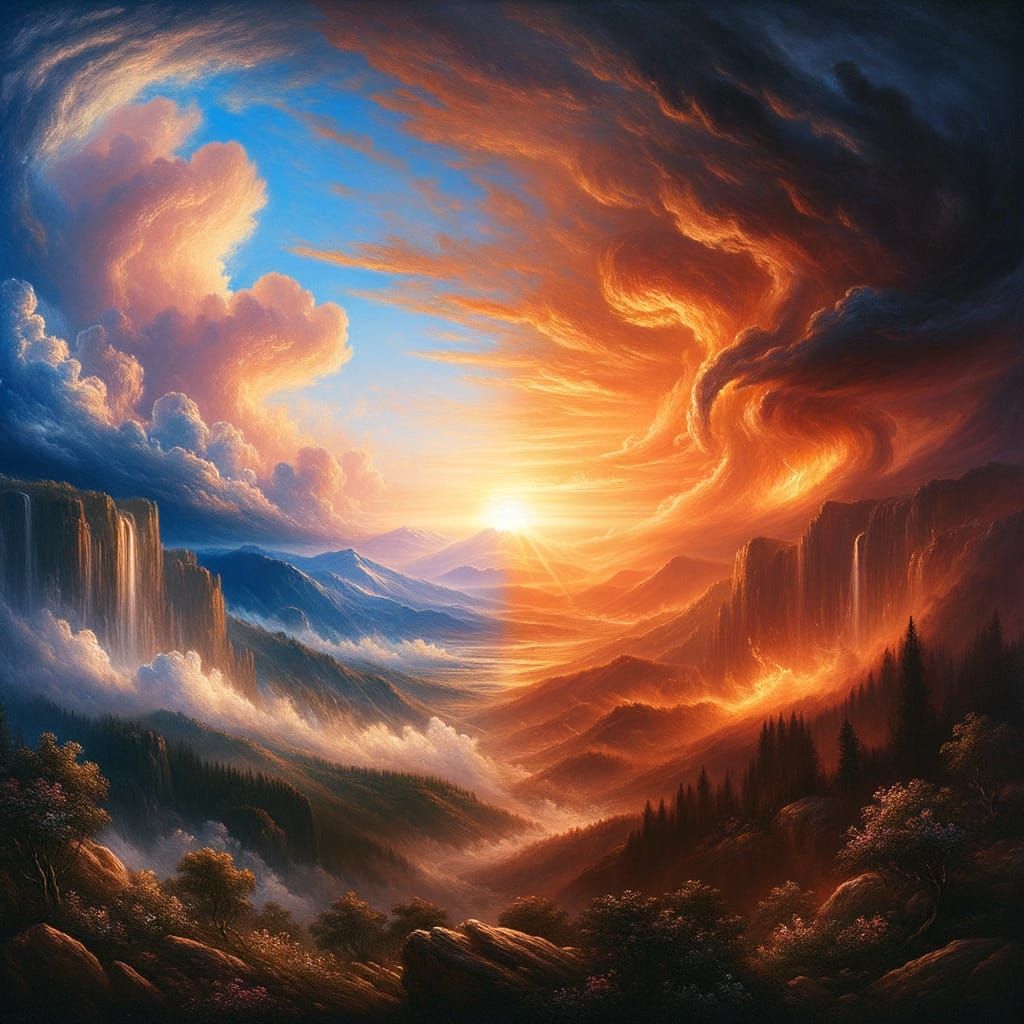 Love's Dual Power: Sunrise Meets Storm in Oil