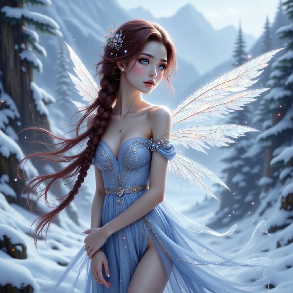 Fae Woman with Red Hair in Winter Landscape