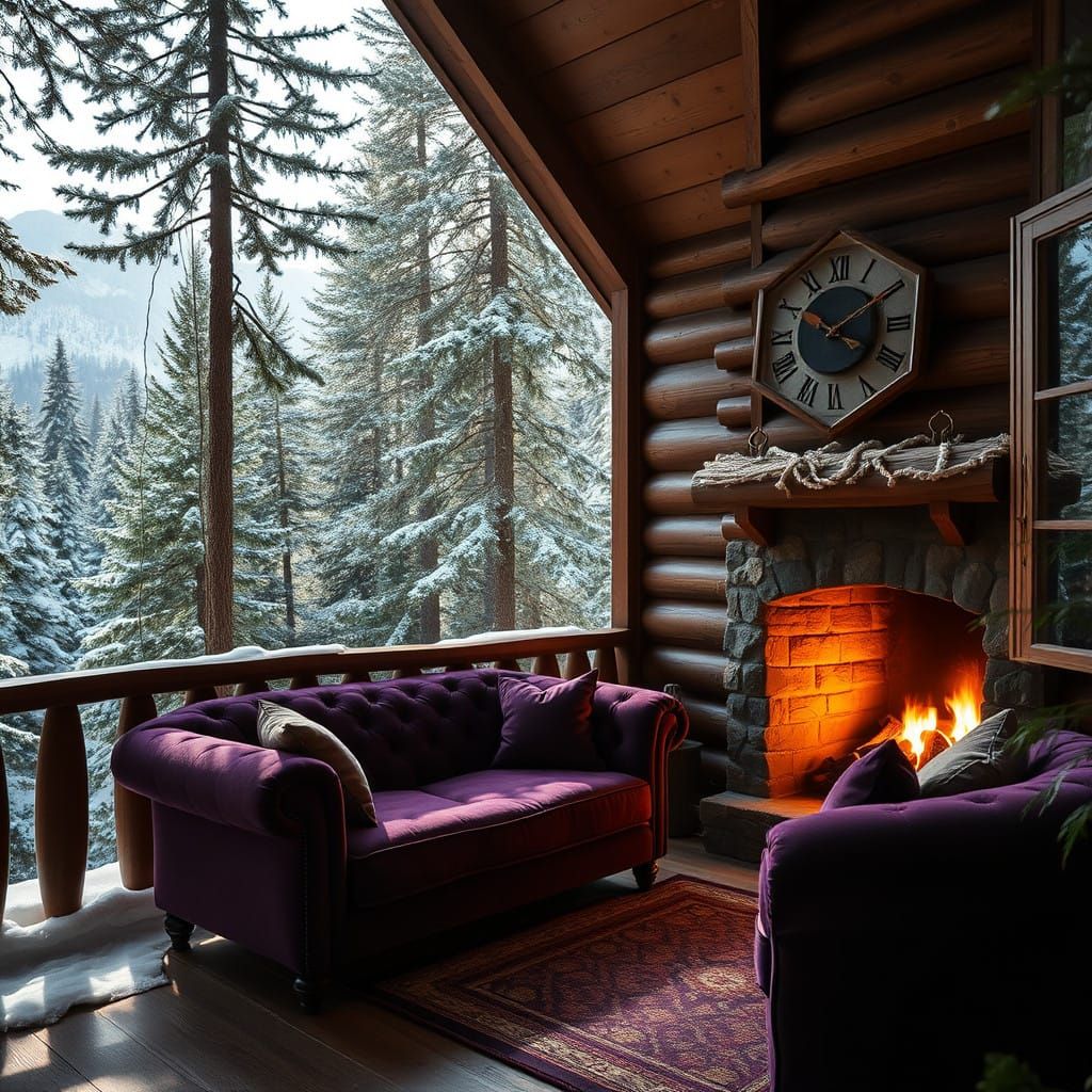The scene captures a wooden cabin nestled within a lush evergreen forest, radiating warmth and comfort. Inside, a purple...