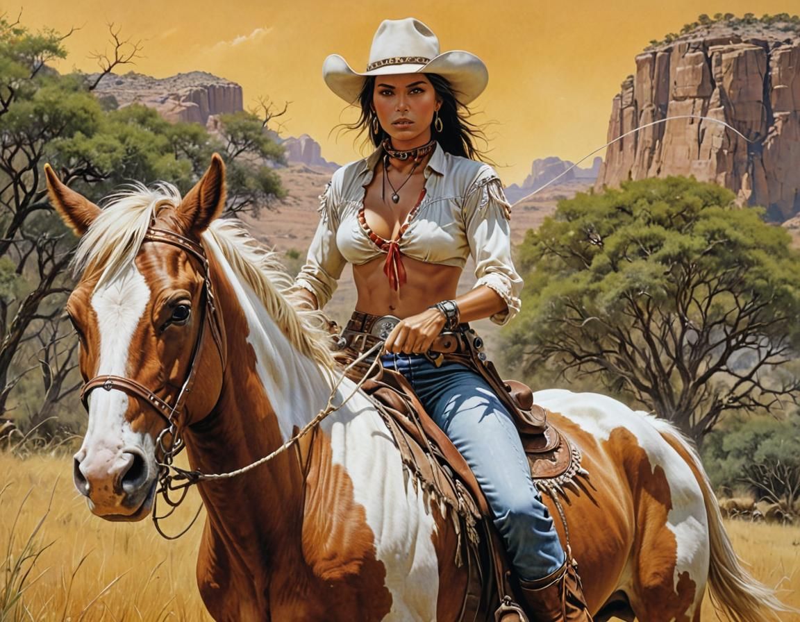 Indigenous Cowgirl Lassoing Calf in Pampa, Acrylic Art