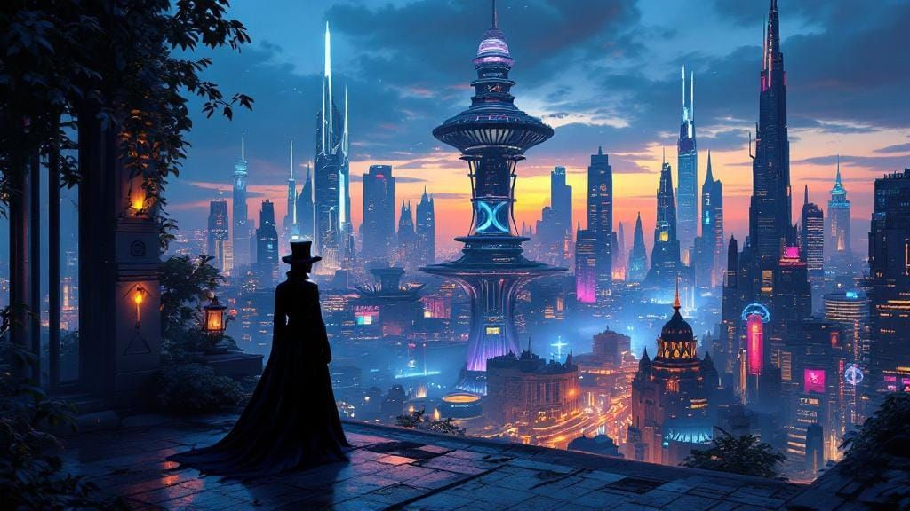 Twilight Cyberpunk Cityscape with Vampire in Ornate Coat