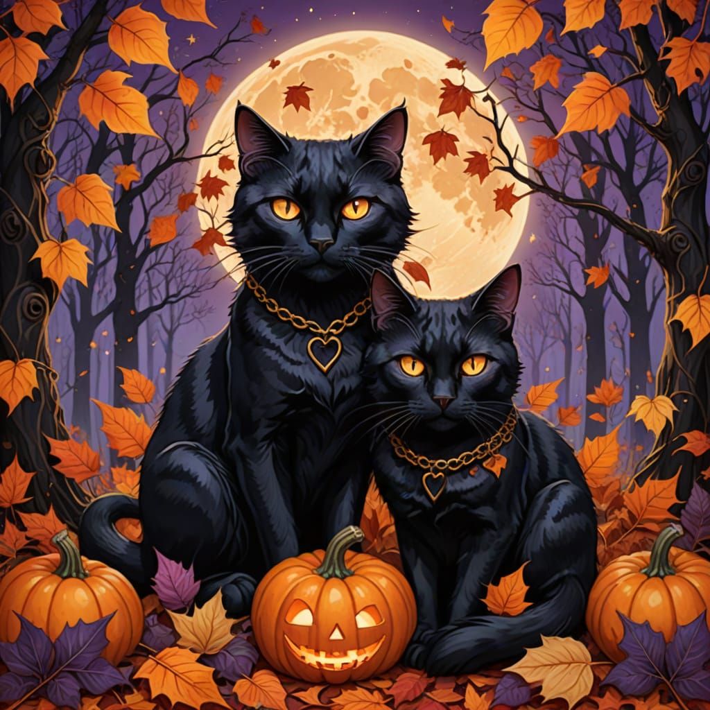 Two Witches Stargazing Under Harvest Moon in Gothic Style