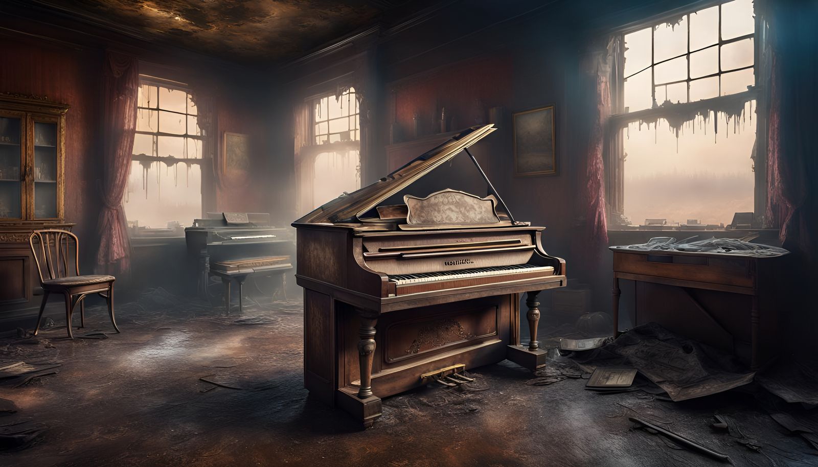 Post-Apocalyptic Saloon Piano with Wolves: Digital Matte Pai...
