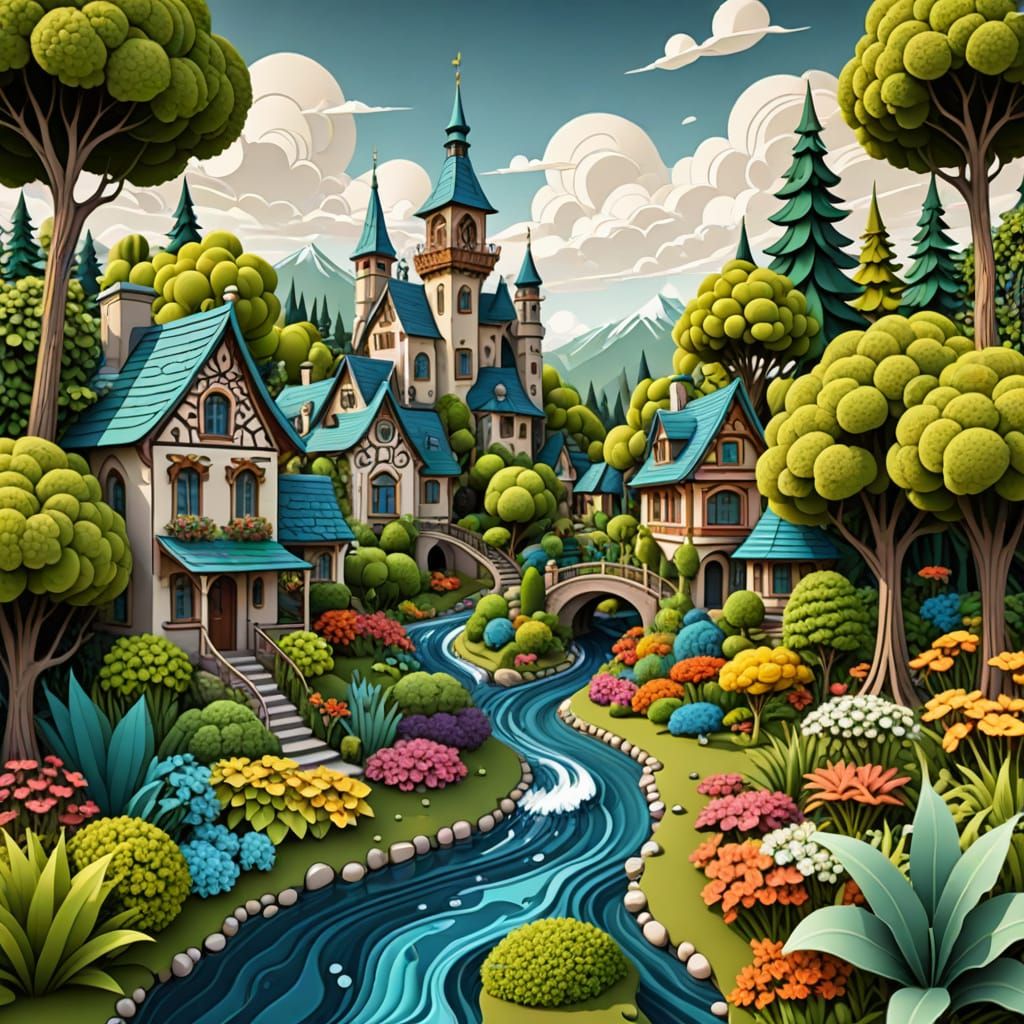 Vibrant Gardens in a Whimsical Small Town