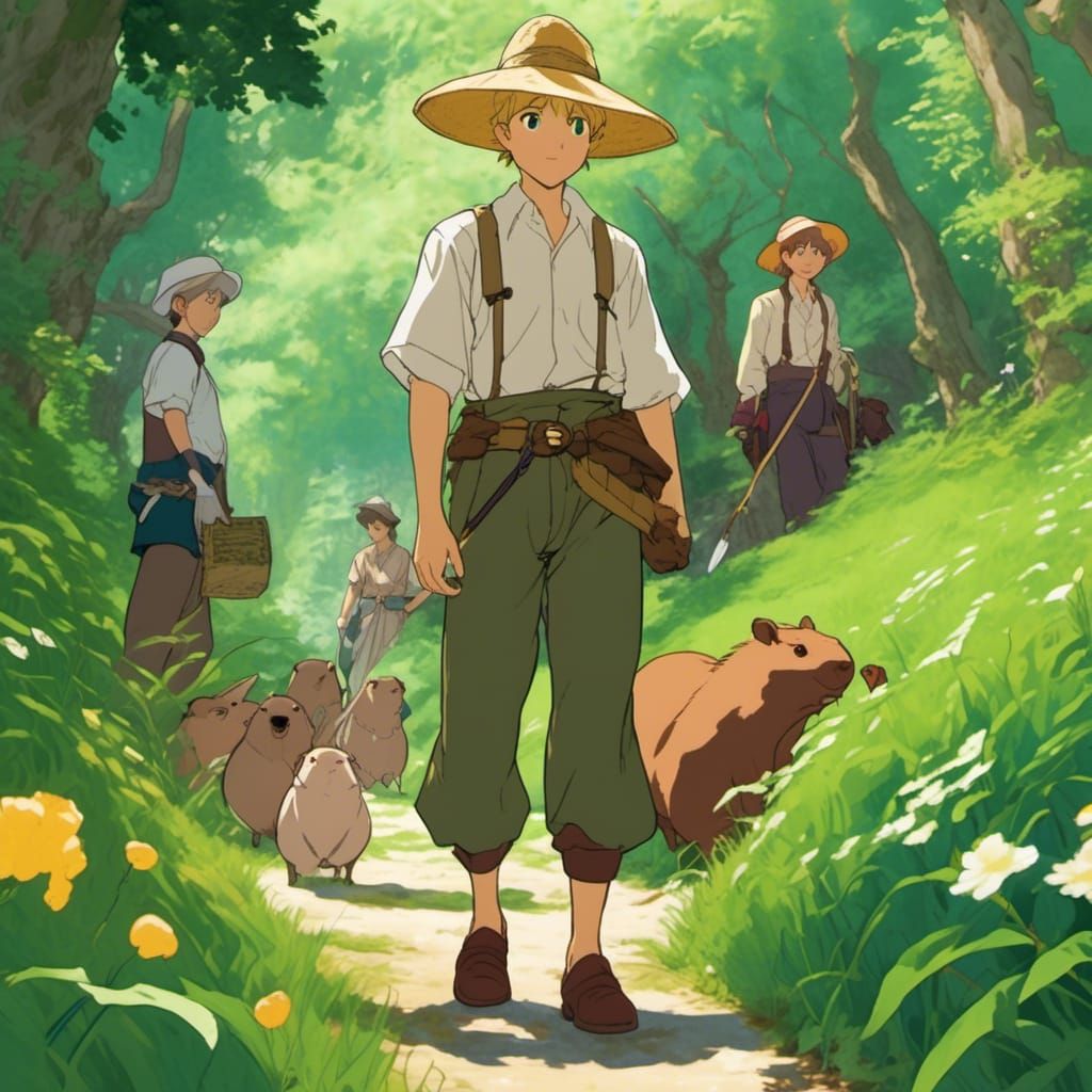 Anime Spring Eladrin with Capybara, Ghibli Style