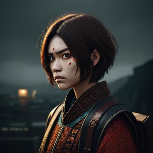 Girl with Oni Mask in Hyperrealistic Style