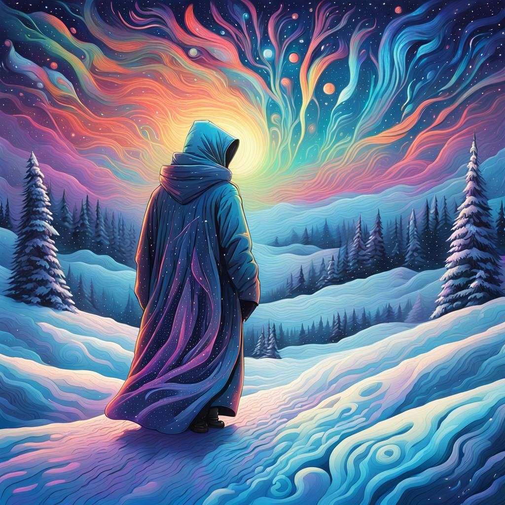 Neon Astral Figure in Snowy Wilderness Illustration