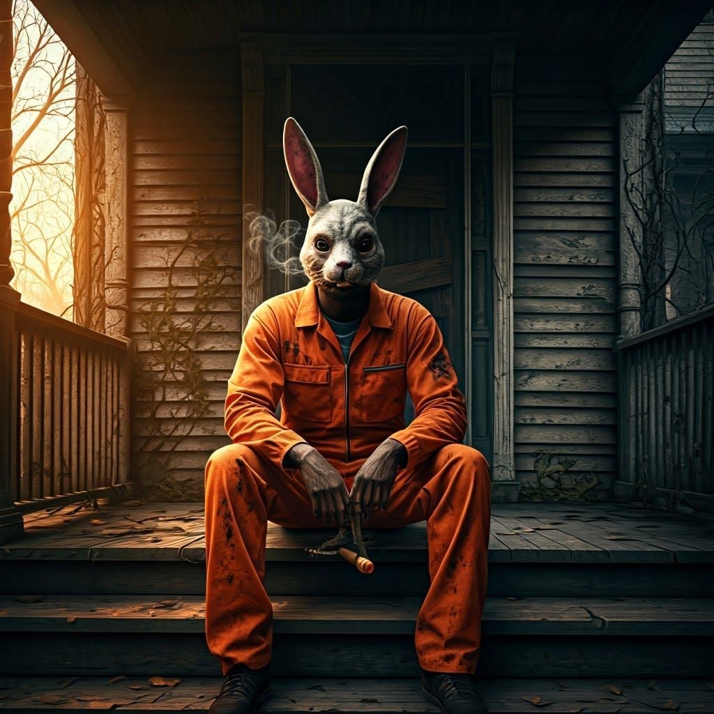 Eerie Rabbit Man on Dilapidated Porch in Beksiński Style