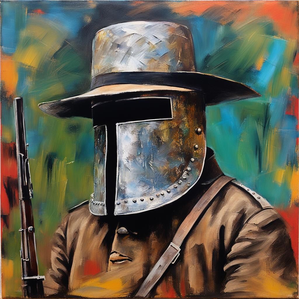 Ned Kelly in Iconic Metal Helmet: Impasto Acrylic Art