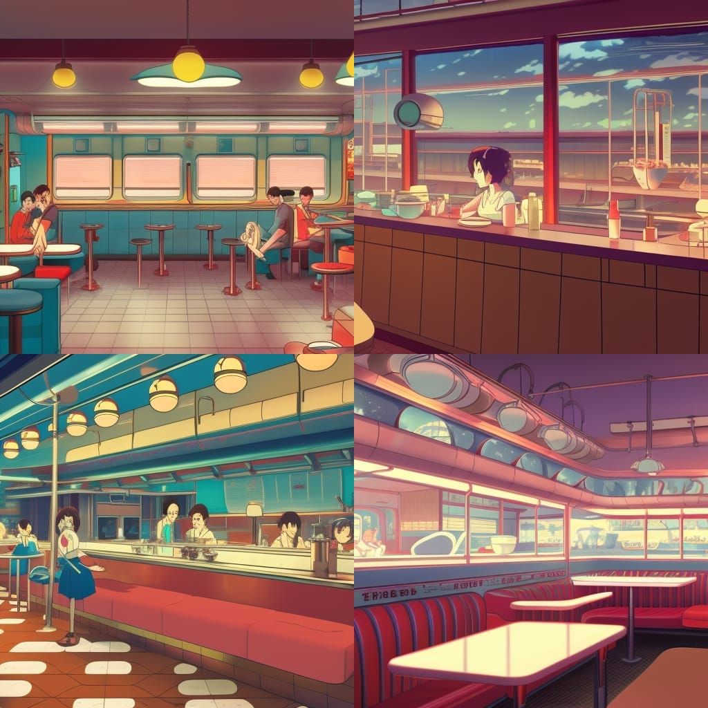 1950s Diner in Studio Ghibli Anime Style