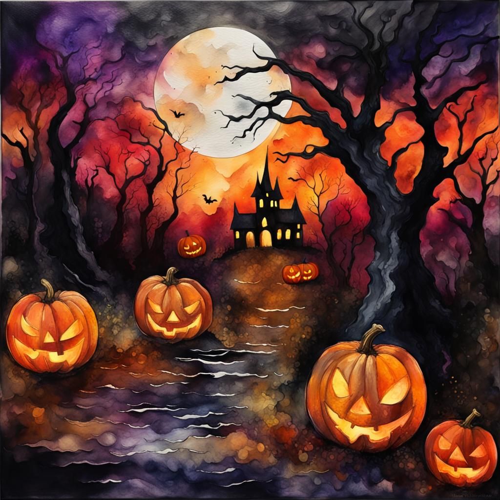 Dark Halloween Image in Gouache and Watercolor Style