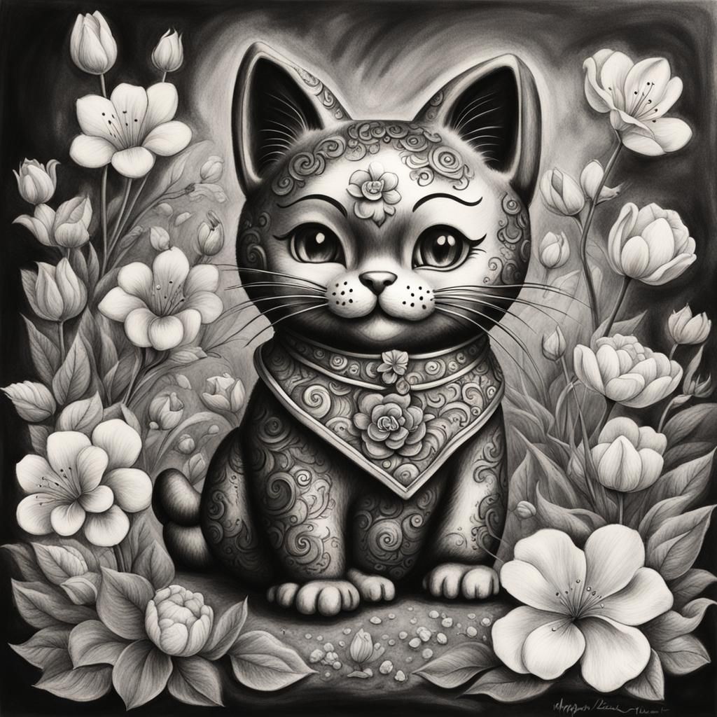 Hyperdetailed Charcoal Drawing: Maneki Neko Betty Boop