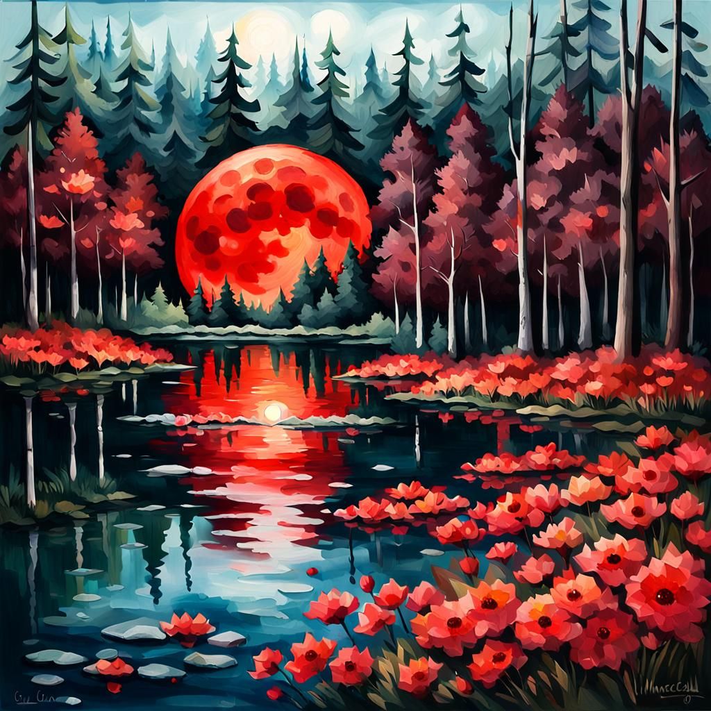Blood Moon Over Forest Lake in Gouache Style