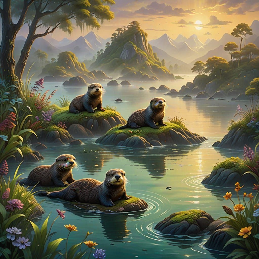 Sea Otters Discover Island in Ethereal Fantasy Style