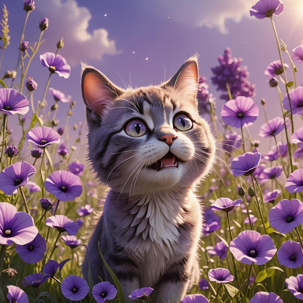 Cute Cat Sniffs Purple Mallow: Pixar Style