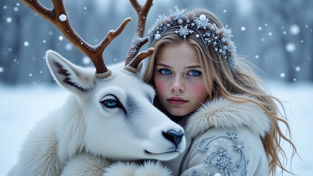 Arctic Girl Embraces Reindeer in Blizzard