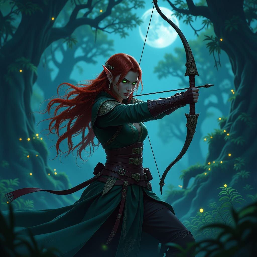 Elven Rogue Practices Kusarigama in Moonlit Forest