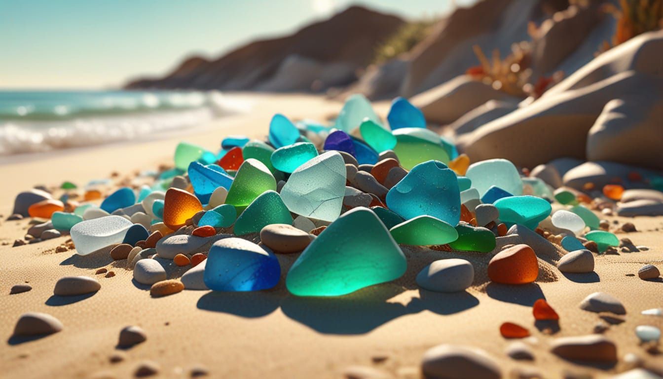 Shimmering Sea Glass Sculptures on Beach Hyperrealistic Art