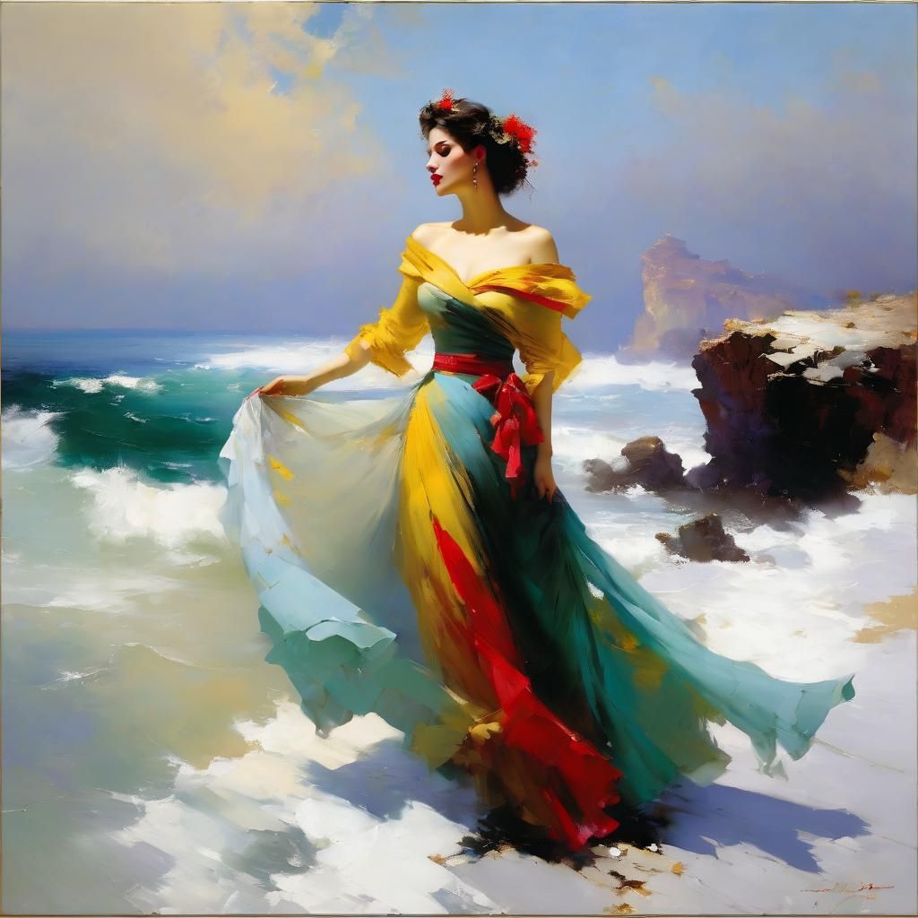 Elegant Woman by the Sea in Romantic Style