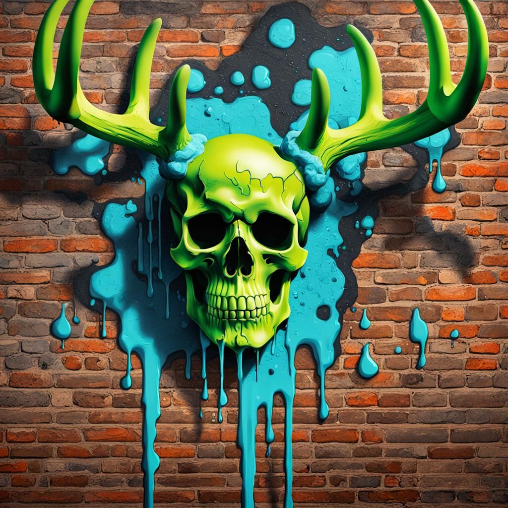 Neon Green Skull Melts on Graffiti Brick Wall