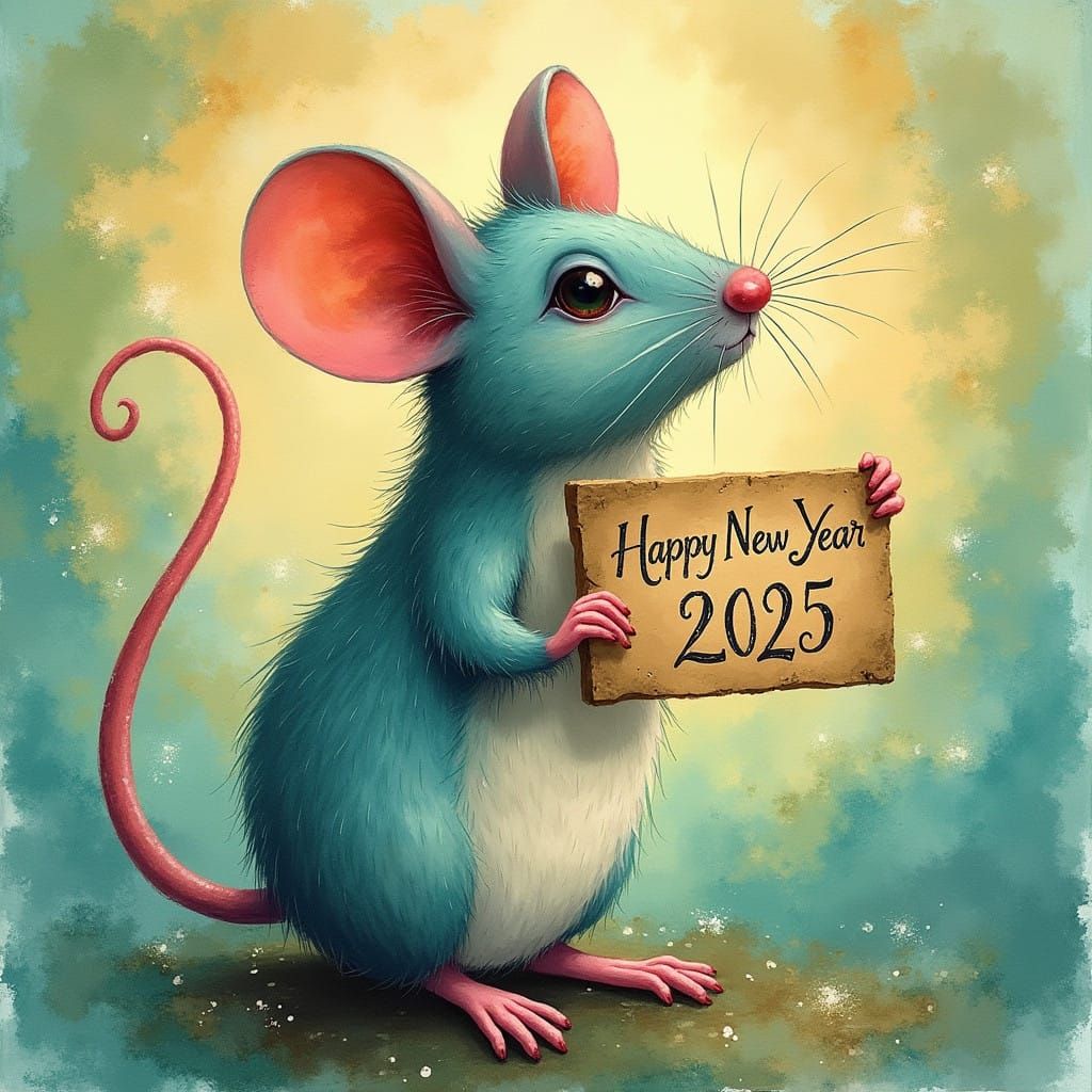 Whimsical Mouse Celebrates 2025 New Year in Dreamy Watercolo...